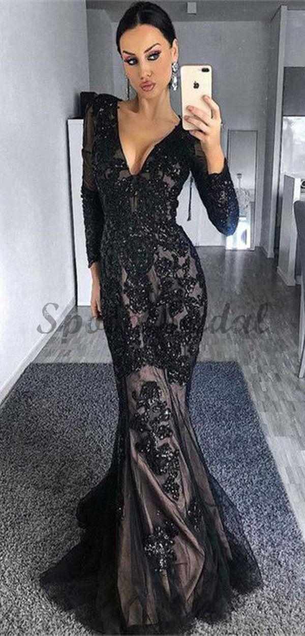 Black Lace Evening Dress Mermaid Long Sleeve Jewel Neck Mermaid Prom Party  Gown | eBay